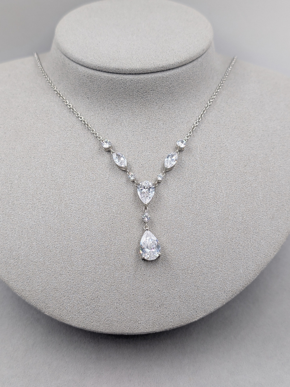 Jacmel JCM Clear CZ Teardrop Y Drop Silver Tone Necklace M132